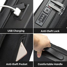 Rucksack mit USB-Ladeanschluss, diebstahlsicherem Schloss, Tasche und bequemem Griff, schwarz.