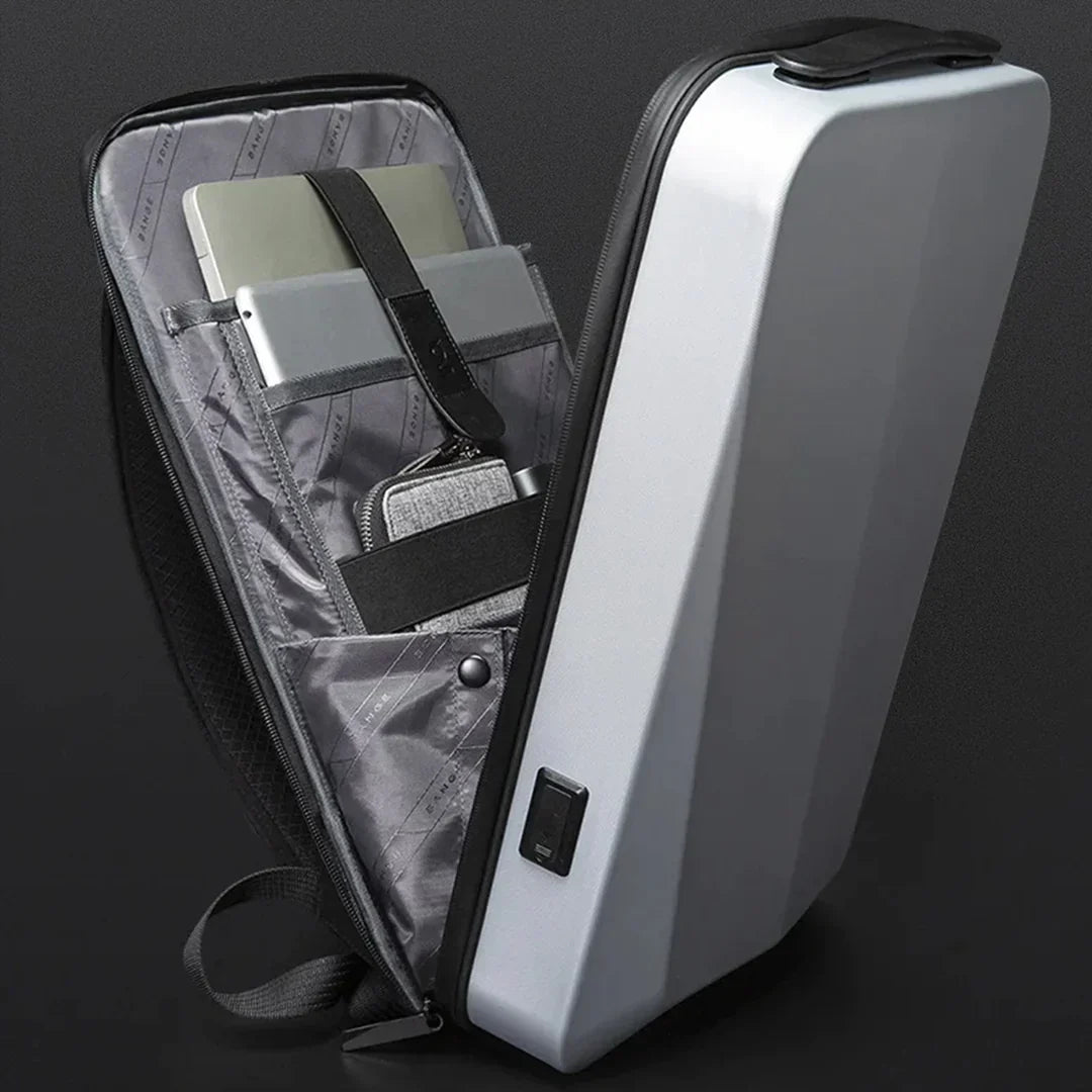 Grauer, diebstahlsicherer Rucksack mit Laptopfach, USB-Anschluss, modernem Design.