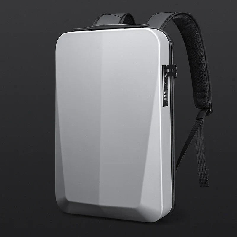Silberner, moderner Anti-Diebstahl-Rucksack mit Hartschale und Reißverschluss, ideal für Laptops.