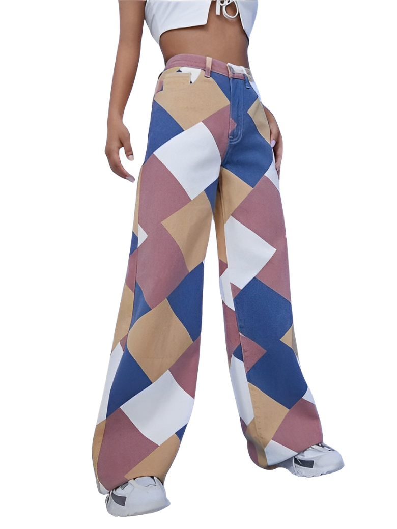 Damenhose mit Argyle-Karo-Muster, hohe Taille, gerade Passform. Modische Freizeitjeans, ideal für trendige Outfits und stilvolle Looks.