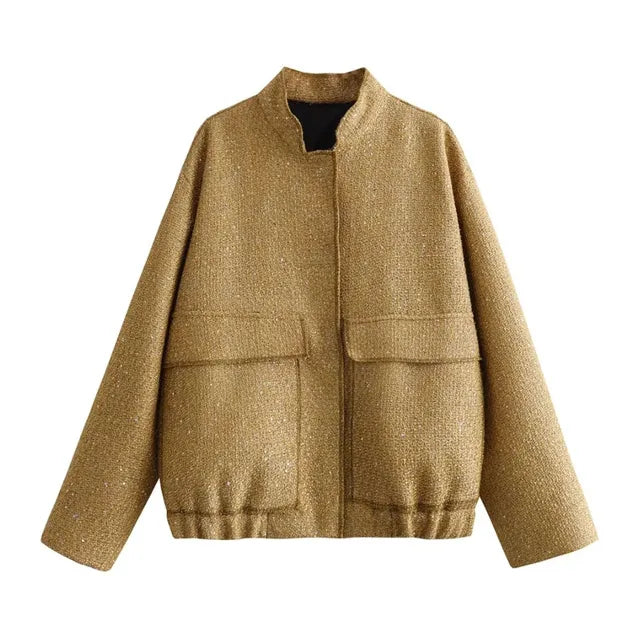Goldene Paillettenjacke für Damen, Herbstmode 2023, lange Ärmel, runder Hals, stilvolle Oberbekleidung, ideal für trendige Outfits.