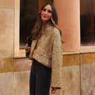 Goldene Paillettenjacke für Damen, Herbstmode 2023, lange Ärmel, runder Hals, stilvoll und elegant, ideal für festliche Anlässe und Partys.