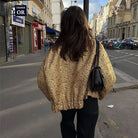 Goldene Paillettenjacke für Damen, Herbstmode 2023, lange Ärmel, runder Hals, stilvolle Oberbekleidung, ideal für trendige Streetwear-Looks.