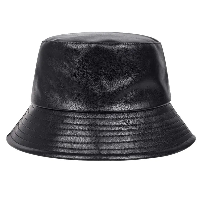 Unisex PU-Leder Fischerhut in Schwarz, ideal für Outdoor-Aktivitäten. Modischer Eimerhut, schützt vor Sonne, perfekt für Casual-Looks.
