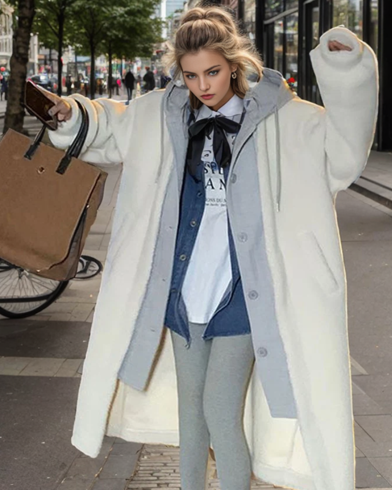 Eleganter Winterlook: Frau in weißem Oversize-Mantel, grauem Hoodie und Leggings. Trendige Mode, Streetstyle, urbane Eleganz, Herbst/Winter.