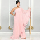Elegantes, rosa Ein-Schulter-Kleid für Damen, ideal für Hochzeiten oder Abendveranstaltungen. Fließender Stoff, modisches Design, stilvoll.