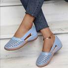 Damen-Sommerschuhe, hellblau, Leder, Cut-Out-Design, bequem, modisch, Jeanshosen.