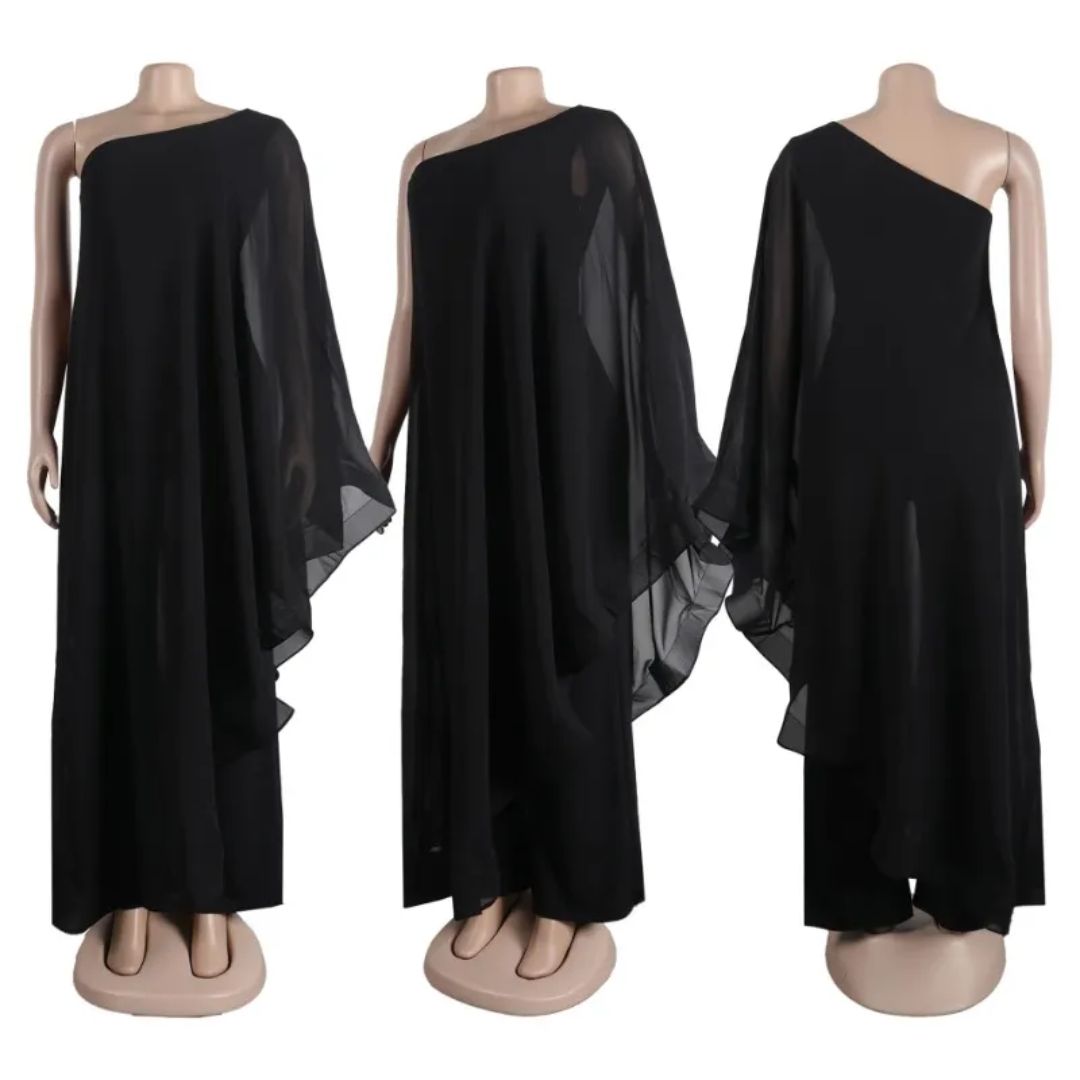 Elegantes schwarzes Abendkleid mit asymmetrischem Schnitt und fließendem Chiffon, ideal für formelle Anlässe. Perfekt für stilvolle Auftritte.