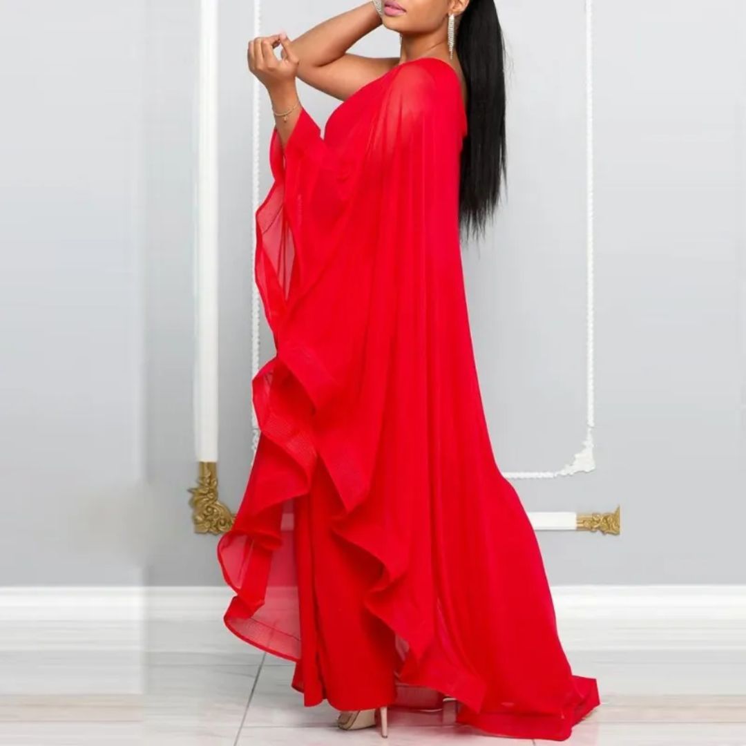Elegantes rotes Abendkleid aus Chiffon, bodenlang mit fließendem Schnitt. Perfekt für formelle Anlässe und modische Events.