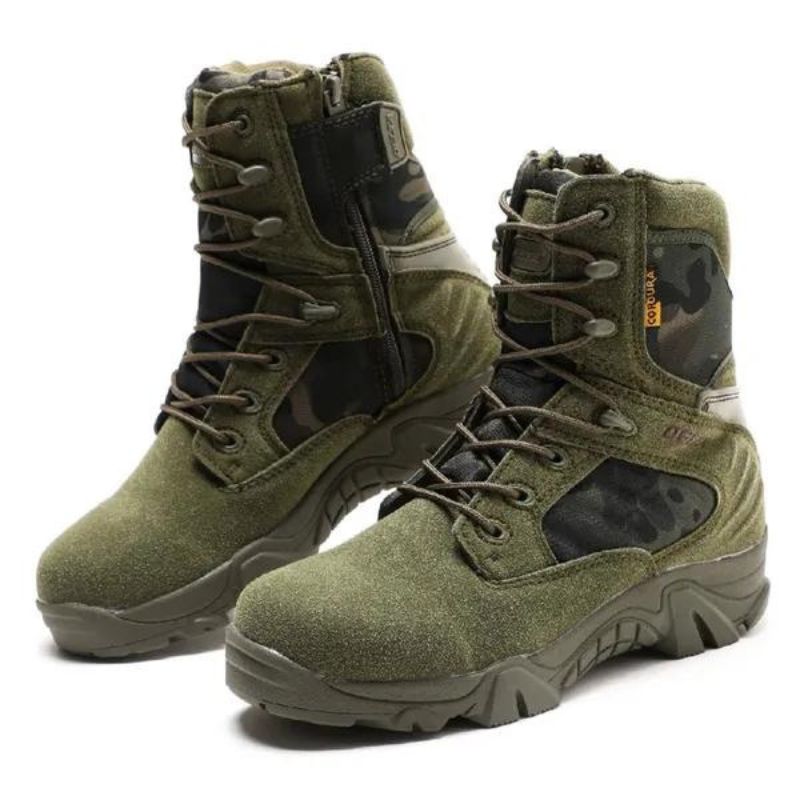 Taktische Militärstiefel in Olivgrün mit Camouflage-Details, robustem Design und rutschfester Sohle. Ideal für Outdoor-Aktivitäten und Wandern.
