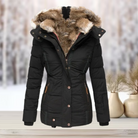 Damen Winterjacke mit Kunstfellkapuze, schwarz, warm gefüttert, ideal für kalte Tage. Modisch, funktional, hochwertig verarbeitet.