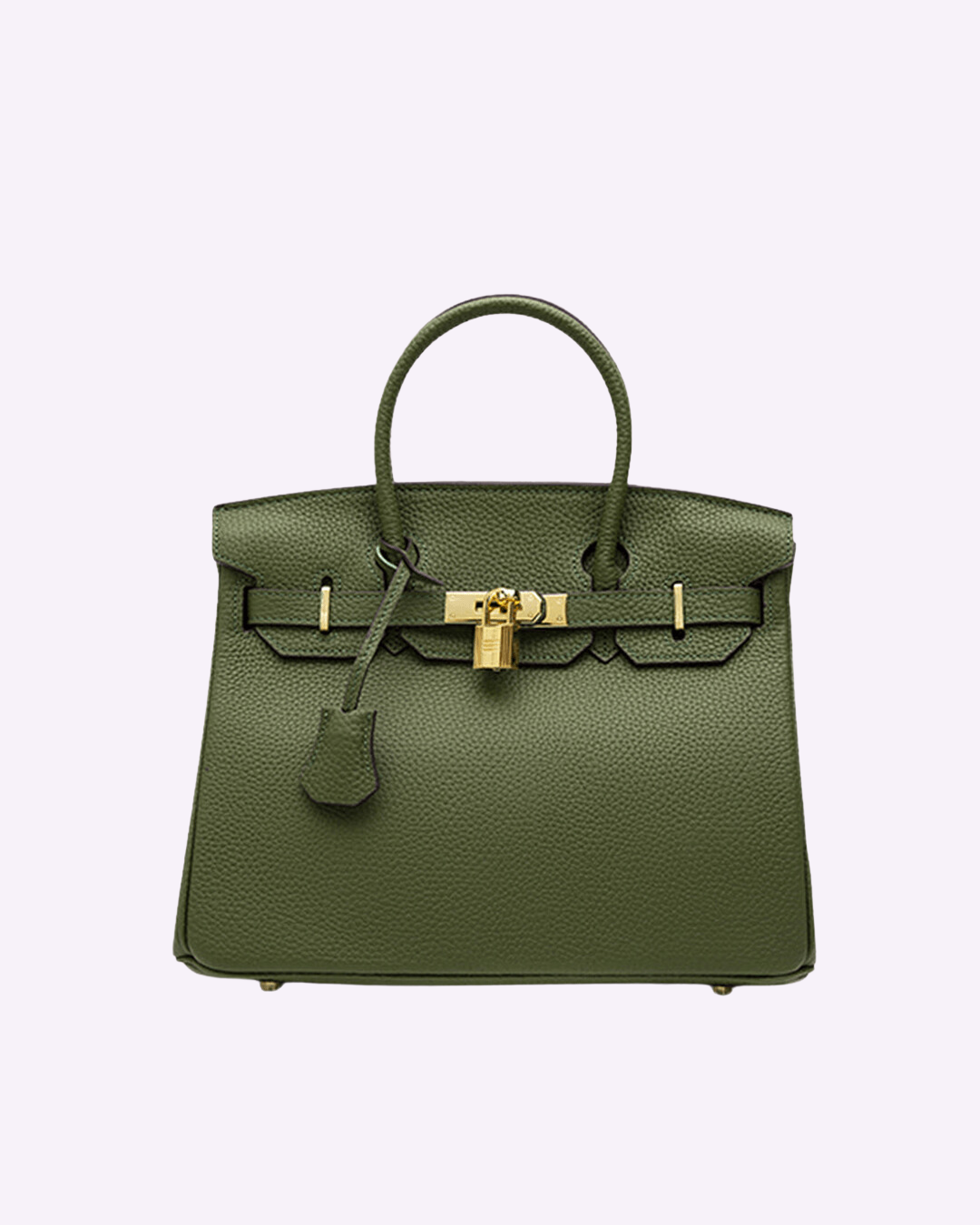 Grüne Lederhandtasche mit goldener Schnalle, elegante Damenmode, luxuriöses Accessoire.