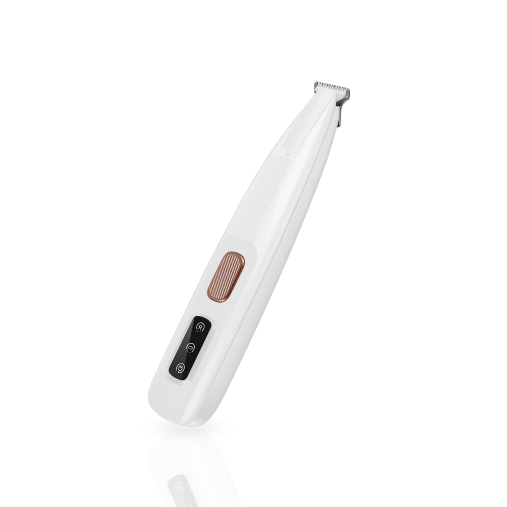 Elektrischer Haarschneider in Weiß mit ergonomischem Design, ideal für präzises Trimmen. Perfekt für professionelle und private Haarpflege.