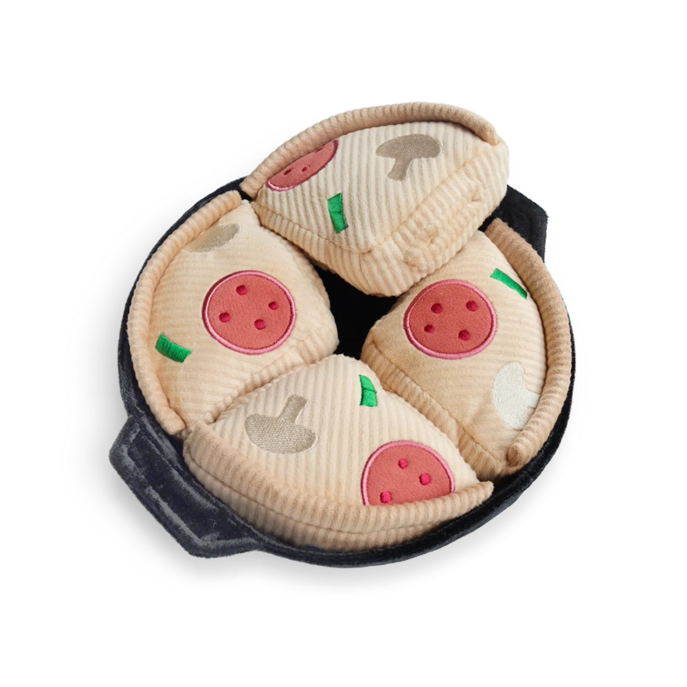 Pizza-Spielzeug für Hunde in Pfannenform, aus weichem Stoff mit Pilz- und Salami-Motiven. Perfektes interaktives Hundespielzeug, robust und langlebig.
