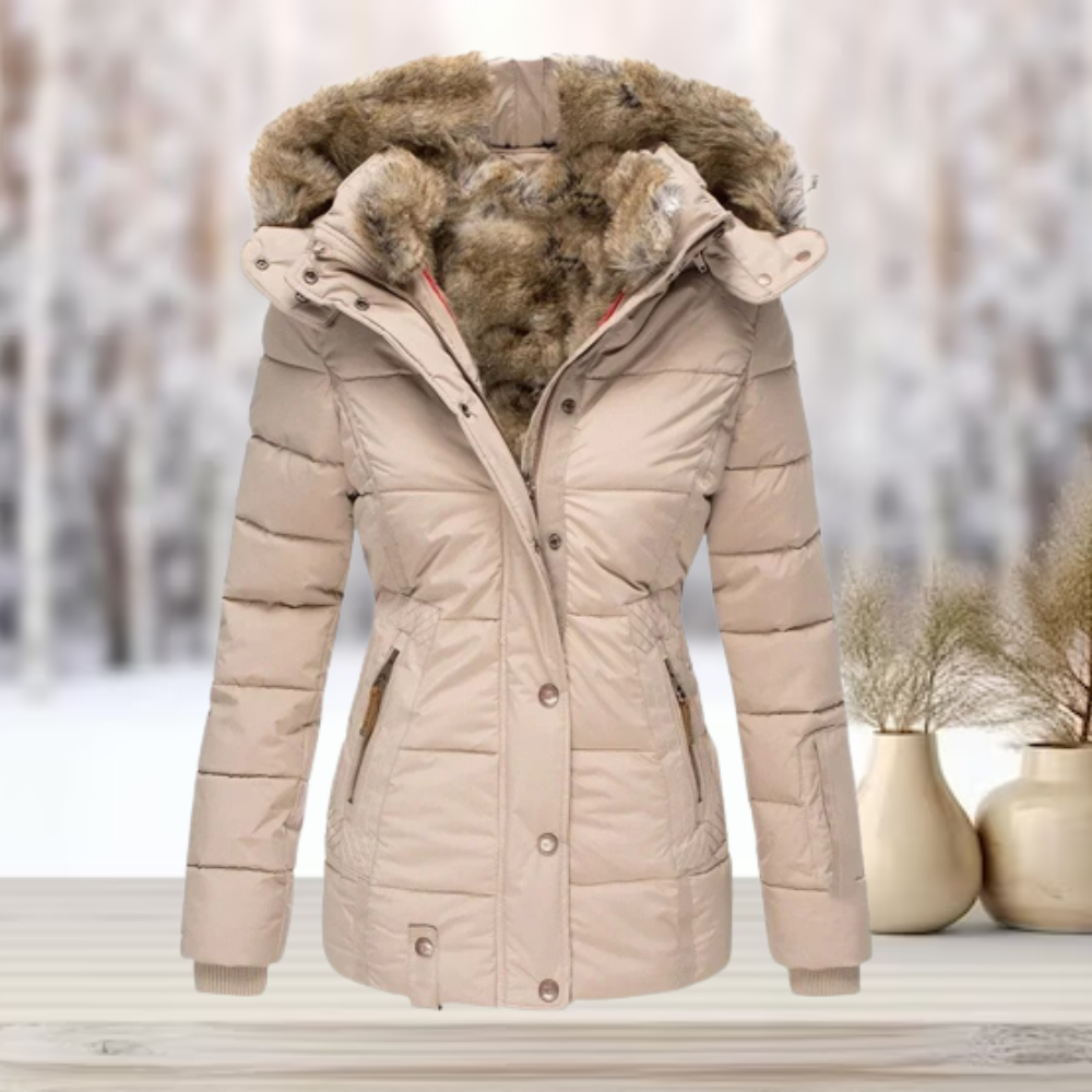 Damen Winterjacke beige mit Kunstfellkapuze, warm gefüttert, ideal für kalte Tage. Modisch, funktional, hochwertig verarbeitet.