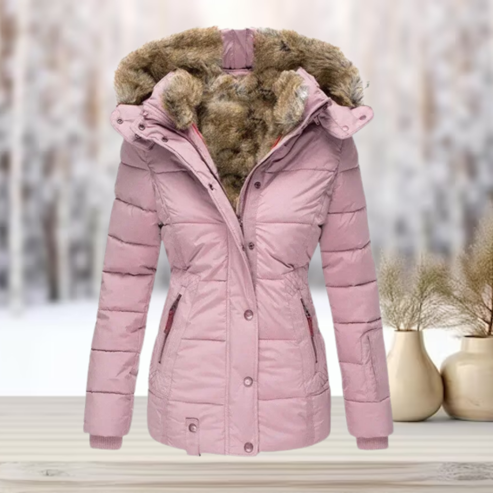 Damen Winterjacke rosa mit Kunstfellkapuze, warm gefüttert, stilvoll und funktional. Perfekt für kalte Tage. Jetzt entdecken!