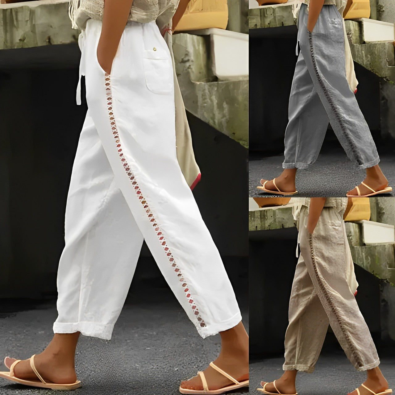Damenhose mit seitlichem Häkelmuster, erhältlich in Weiß, Grau und Beige. Bequeme Passform, ideal für Sommermode und Freizeitkleidung.