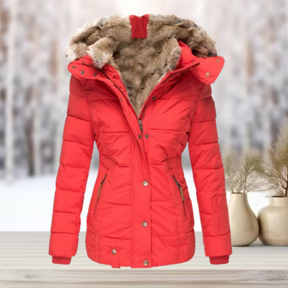 Damen Winterjacke in Rot mit Kunstfellkapuze, warm gefüttert, ideal für kalte Tage. Modische Steppjacke, perfekt für Wintermode und Outdoor-Aktivitäten.