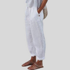 Weiße Leinenhose Damen, lässig, Sommermode, bequem, atmungsaktiv, mit Taschen.