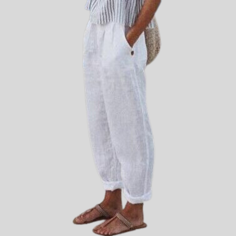 Weiße Leinenhose Damen, lässig, Sommermode, bequem, atmungsaktiv, mit Taschen.
