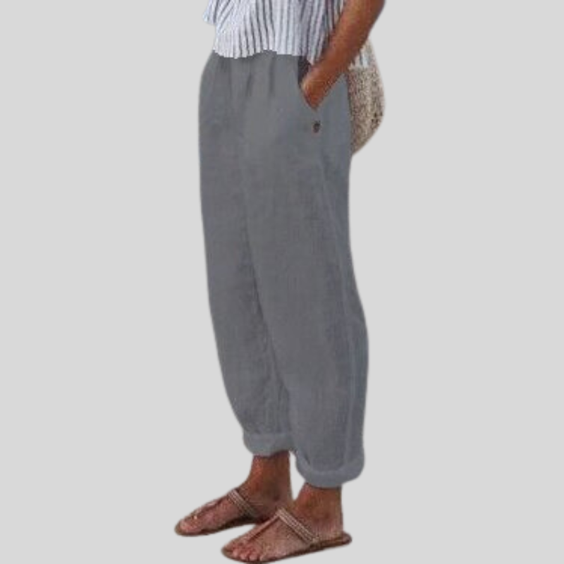 Graue Leinenhose Damen, lässig, bequem, Sommermode, mit Taschen, ideal für Freizeitkleidung.