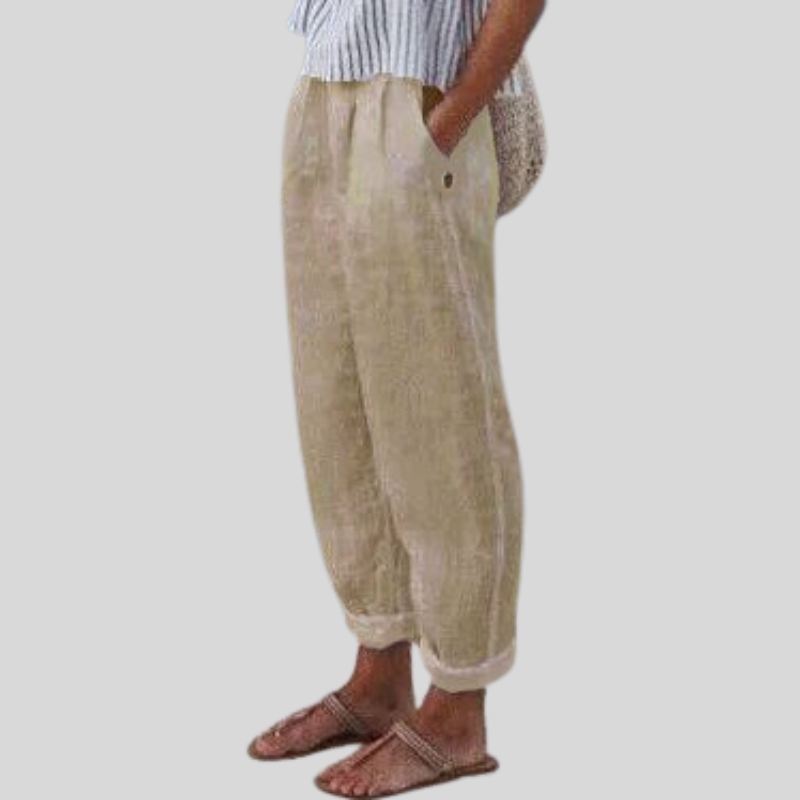 Beige Leinenhose Damen, lässig, elastischer Bund, Sommermode, bequem, seitliche Taschen.