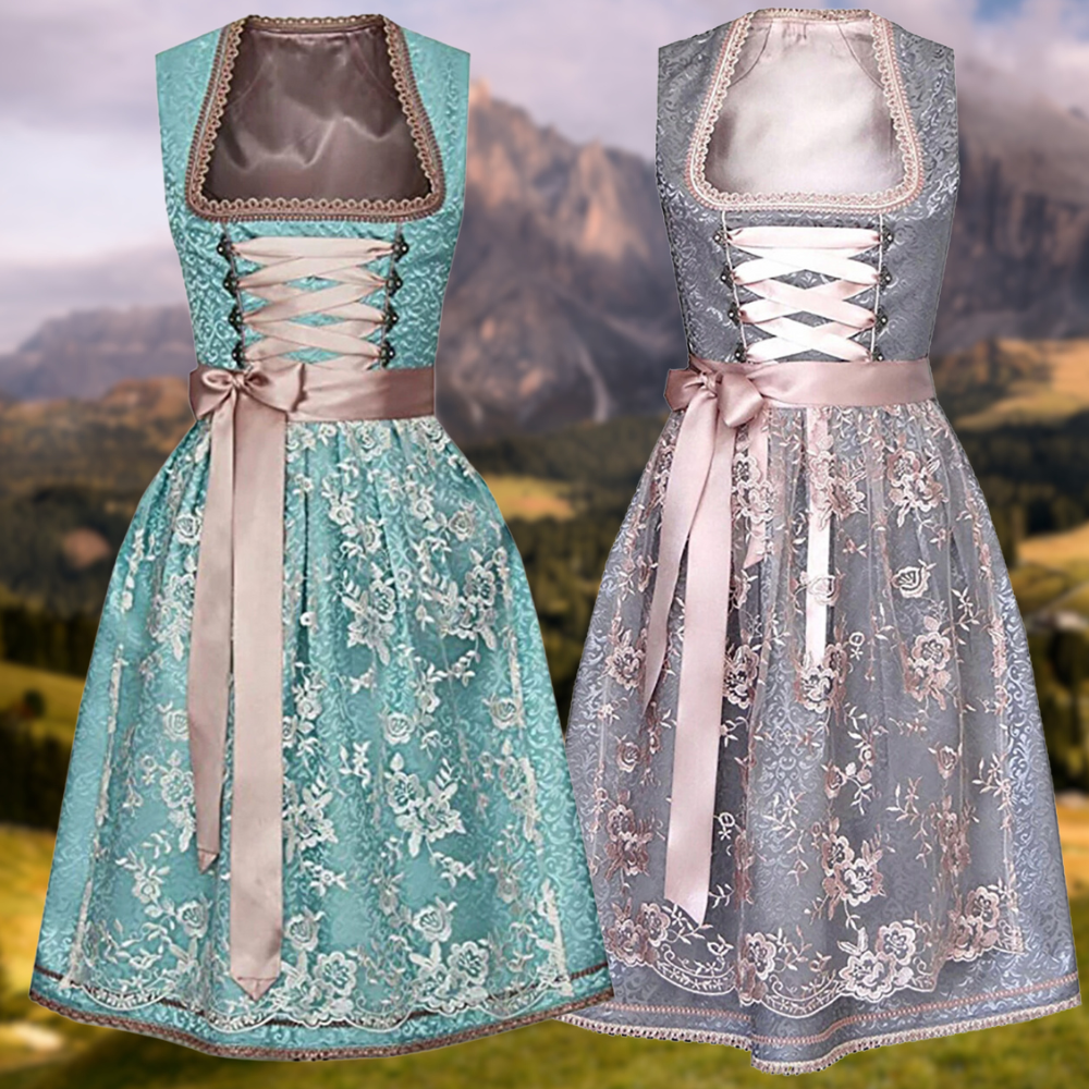 Zwei elegante Dirndlkleider mit Spitzenmuster und Schnürung vor alpiner Kulisse. Perfekt für Oktoberfest, Trachtenmode und traditionelle Feste.
