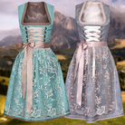 Zwei elegante Dirndlkleider mit Spitzenmuster und Schnürung vor alpiner Kulisse. Perfekt für Oktoberfest, Trachtenmode und traditionelle Feste.