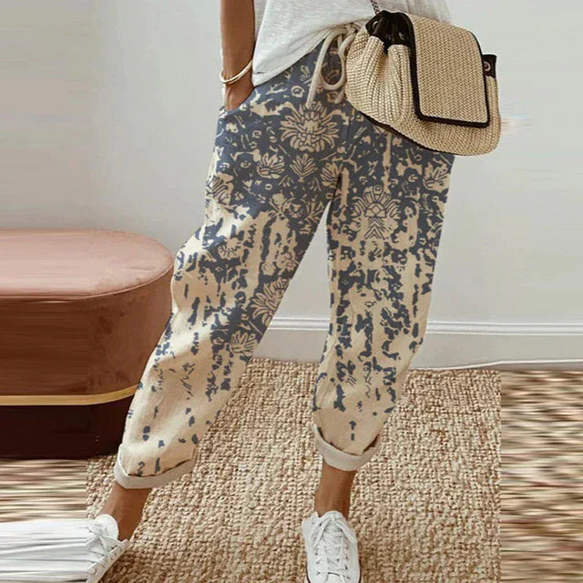 Damenhose mit Vintage-Harajuku-Druck, beige-blau, lässig, Kordelzug, hohe Taille.