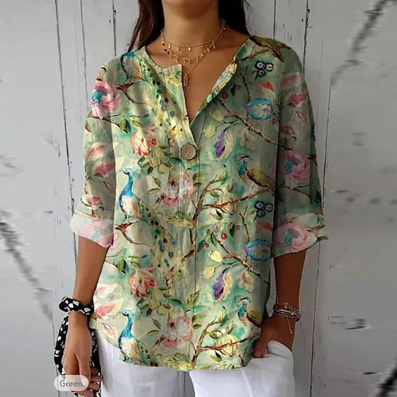 Damen Vintage Langarmshirt, floral bedruckt, elegant, grün, Freizeit, Baumwolle.