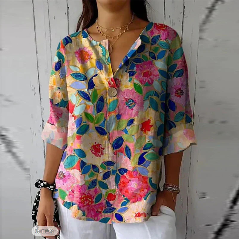 Damen Vintage Langarmshirt, bunt geblümt, elegant, lässig, Baumwolle, T-Shirt, Pullover.