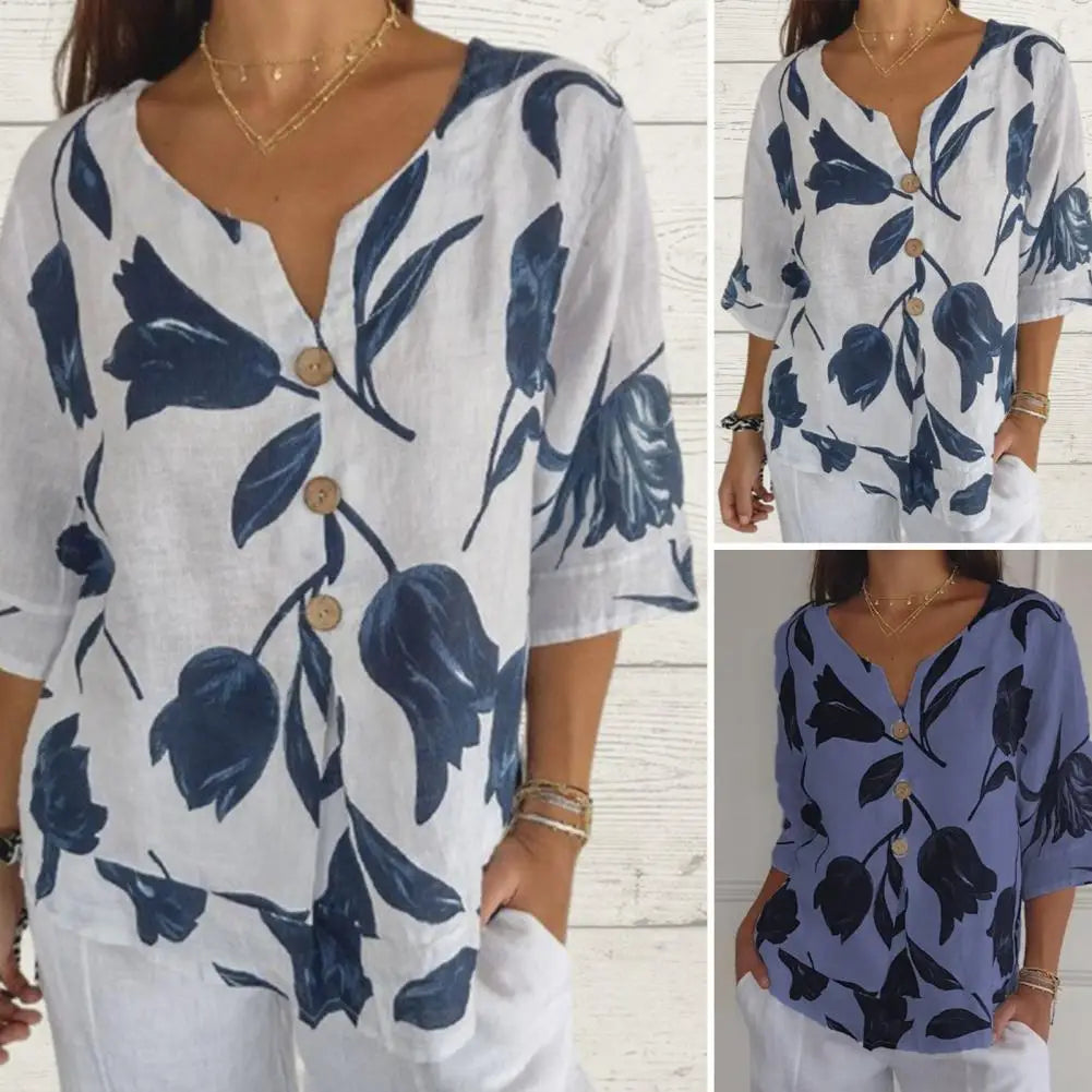 Vintage Damen T-Shirt, O-Ausschnitt, Blumenmuster, Oversized, Sommer, Kurzarm, elegant.
