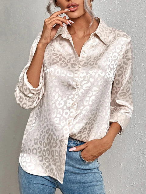 Damenbluse mit Leopardenmuster, langärmlig, elegant, ideal für Büro und Freizeit. Perfekt für Frühling und Sommer. Vintage-Stil, Knopfleiste.