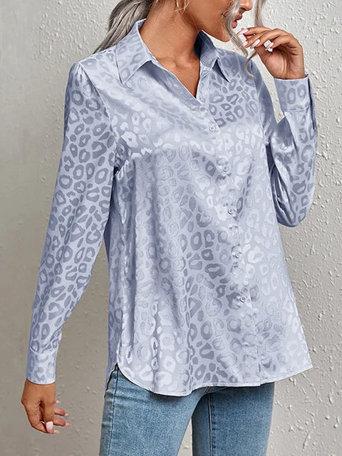 Damenbluse mit Leopardenmuster, langärmlig, elegant, ideal für Büro und Freizeit. Perfekt für Frühling und Sommer. Vintage-Stil, Knopfleiste.