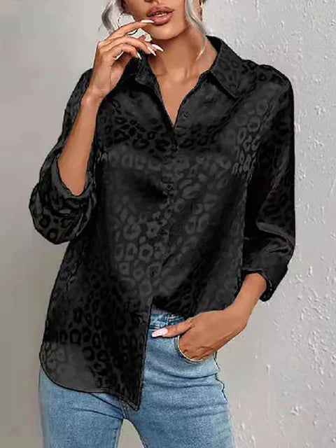 Damenbluse mit Leopardenmuster, langärmlig, schwarz, elegant, ideal für Büro und Freizeit, Frühling/Sommer, Vintage-Stil, Knopfleiste.