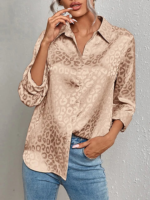 Damenbluse mit Leopardenmuster, langärmlig, beige, ideal für Frühling und Sommer. Elegantes Vintage-Design, perfekt fürs Büro.