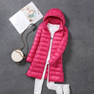 Damen Ultra-Leichtgewicht Packable Lange Pufferjacke in Pink, Herbst/Winter, abnehmbare Kapuze, modisch, warm, ideal für kalte Tage.
