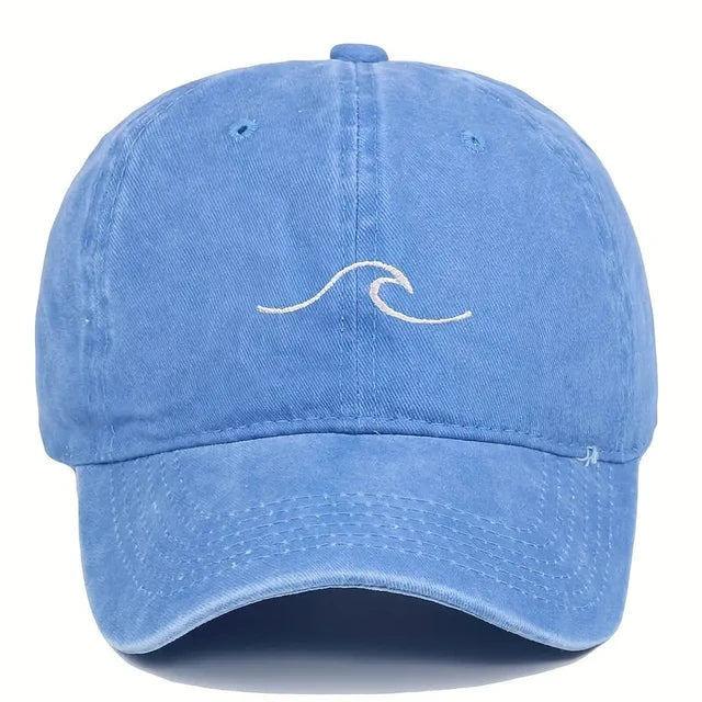 Blaue Baseballcap mit Wellenstickerei, Vintage-Design, unisex, ideal für Hip-Hop und Freizeit. Perfekt für Sommermode und Sonnenschutz.