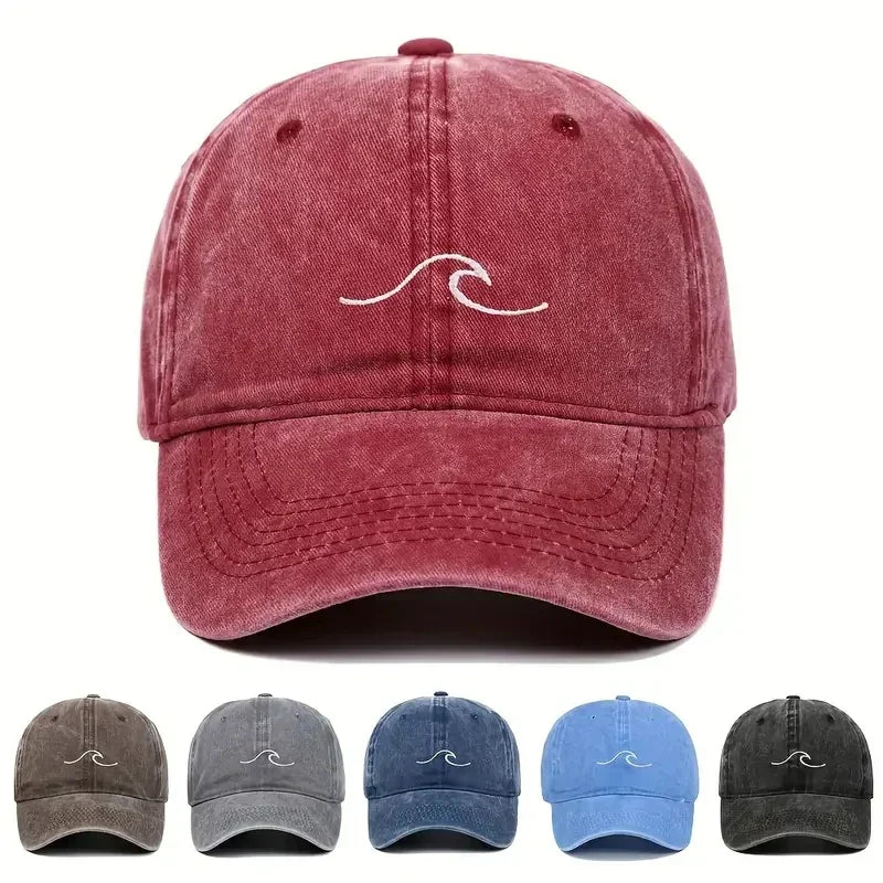 Vintage Baseballcap in Rot mit Wellenstickerei, unisex, verwaschenes Design. Erhältlich in mehreren Farben. Perfekt für Hip-Hop und Freizeit.