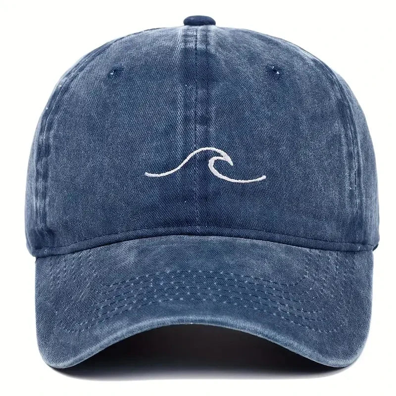 Blaue Baseballcap mit Wellenstickerei, Vintage-Design, unisex, ideal für Hip-Hop und Freizeit, gewaschener Look, modisch und vielseitig.