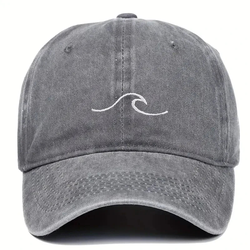 Graue Baseballcap mit Wellenstickerei, Vintage-Design, unisex, ideal für Hip-Hop und Freizeit, gewaschener Look, modisch und vielseitig.