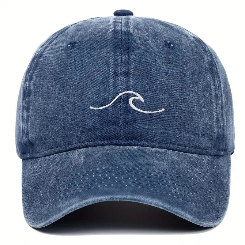 Blaue Baseballcap mit Wellenstickerei, Vintage-Design, unisex, verwaschen, ideal für Hip-Hop und Freizeit. Perfekt für Damen und Herren.