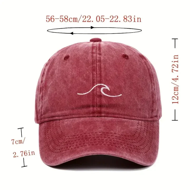 Rote Baseballkappe mit Wellenstickerei, Vintage-Design, verstellbar, unisex, ideal für Hip-Hop und Freizeit. Perfekt für Damen und Herren.