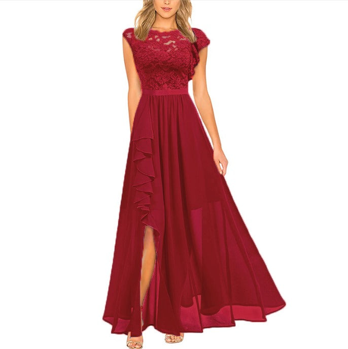 Rotes Abendkleid Damen, Spitzenoberteil, fließender Chiffonrock, elegantes Design.