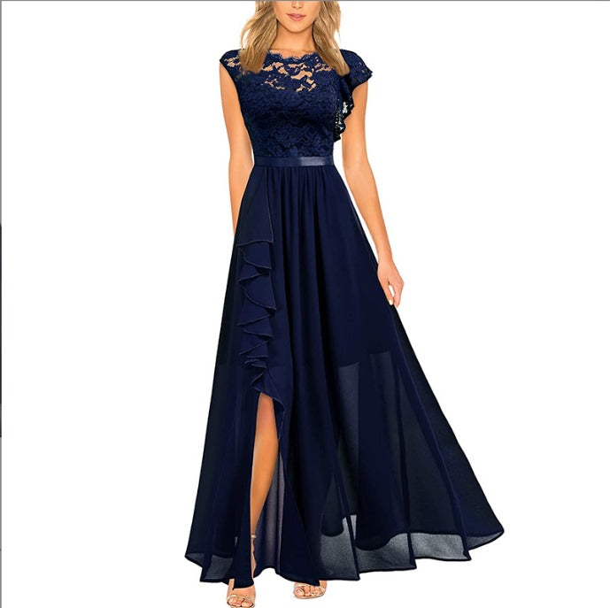 Damen Abendkleid dunkelblau, Spitzenoberteil, ärmellos, elegantes Design, bodenlang.