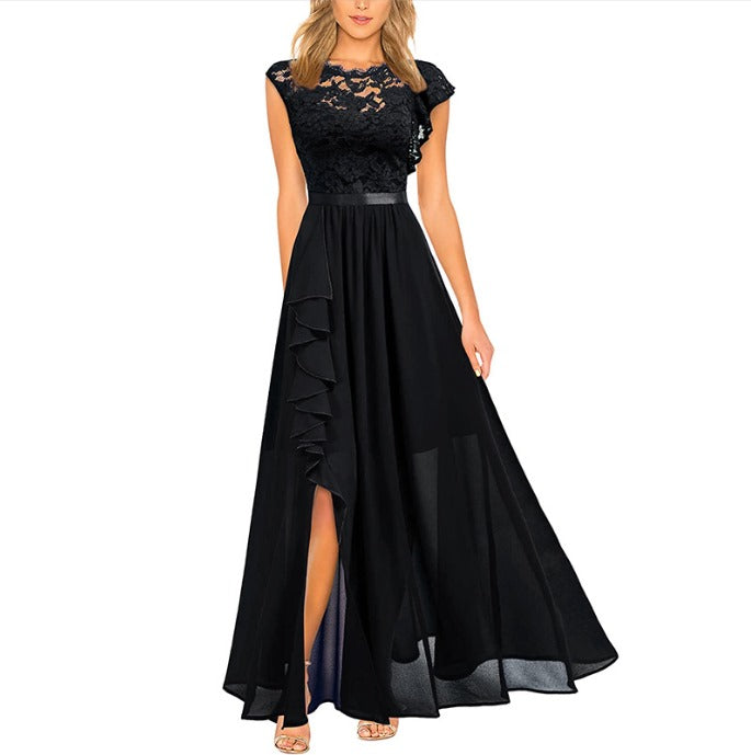 Schwarzes Abendkleid Damen, Spitzenoberteil, ärmellos, elegantes Design, bodenlang.