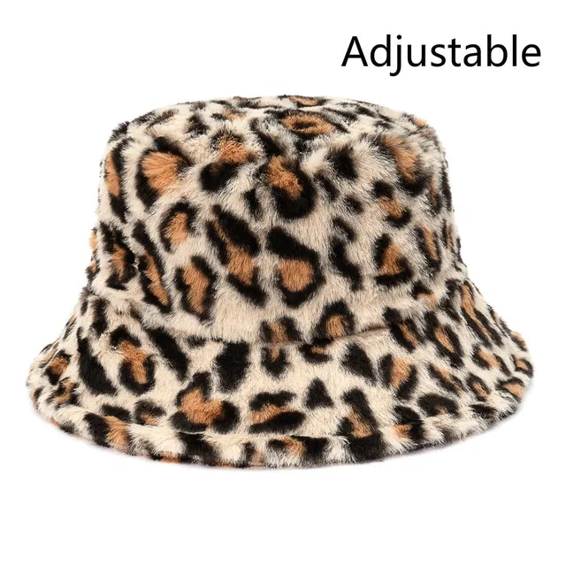 Leopard Faux-Fell Eimerhut für Damen, flauschig und warm, ideal für Outdoor-Aktivitäten im Winter. Modischer, verstellbarer Sonnenhut.