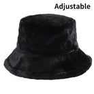 Schwarzer, verstellbarer Kunstpelz-Bucket-Hut für Damen, ideal für Wintermode, warm und stilvoll, perfekt für Outdoor-Aktivitäten.