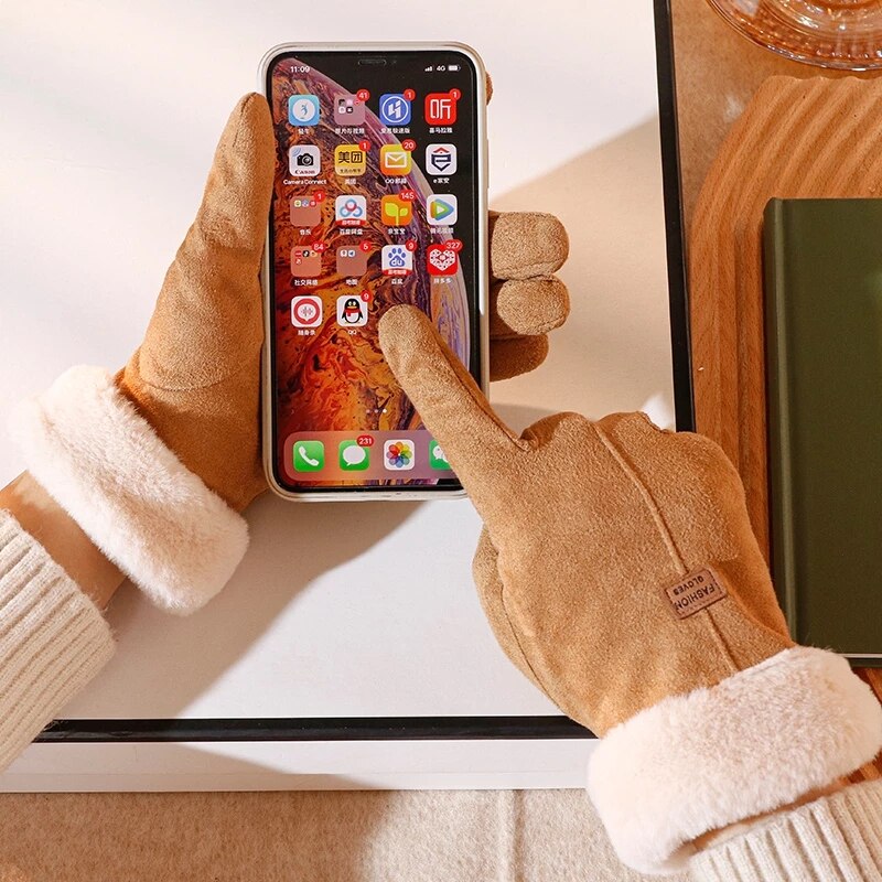 Damen-Winterhandschuhe aus Kaschmir, winddicht, touchscreen-kompatibel, warm gefüttert, ideal für kalte Tage. Perfekt für Smartphone-Nutzung.