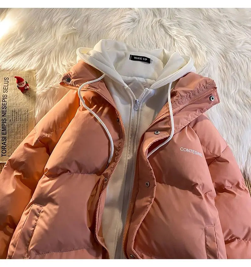 Damen Winterjacke, dick gefüttert, mit Kapuze, Reißverschluss, Taschen, Y2K-Stil, rosa, vielseitig, ideal für kalte Tage, modisch und warm.